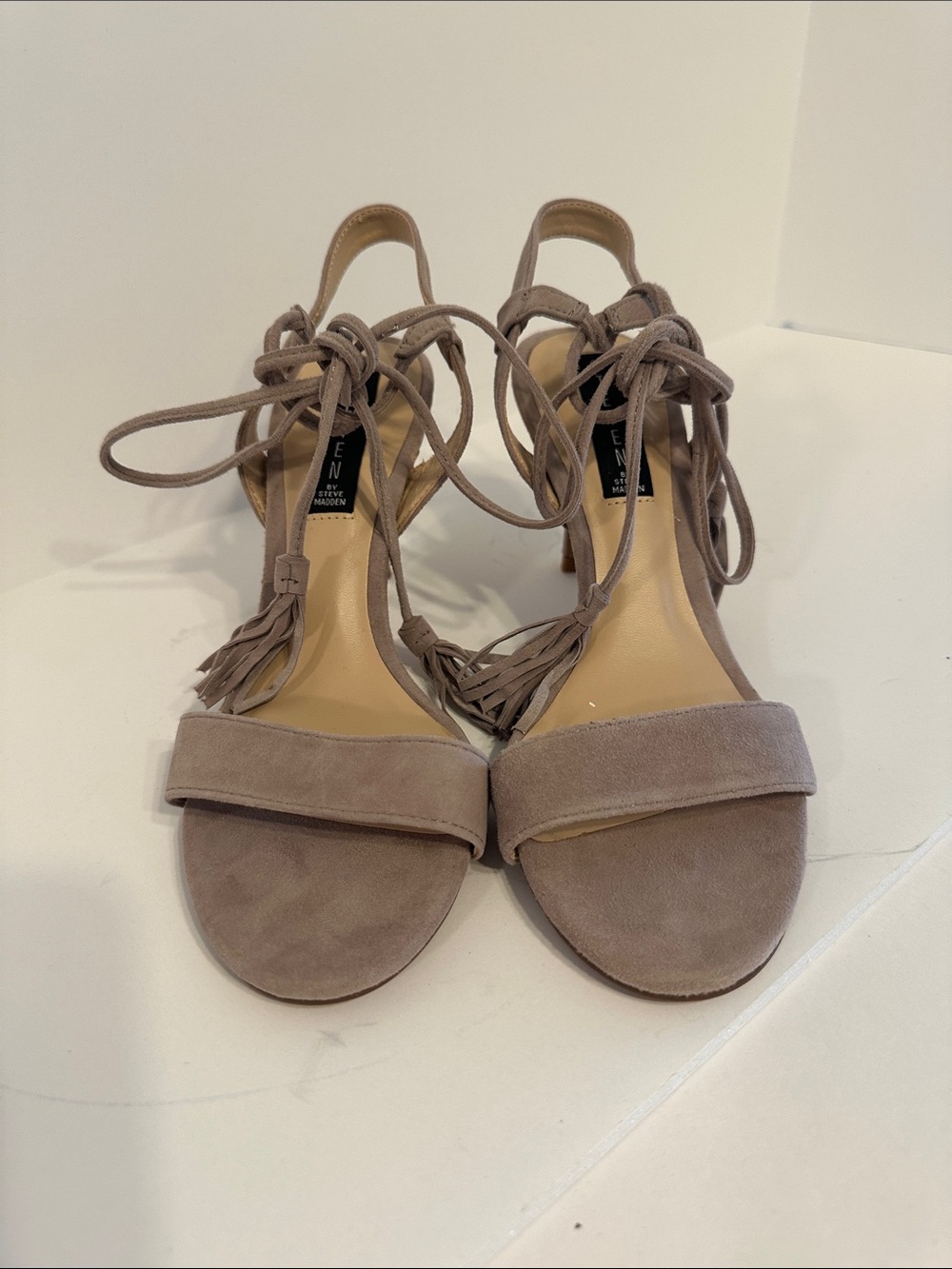 Steven By Steve Madden Taupe Suede Lace-Up Tassel Heels